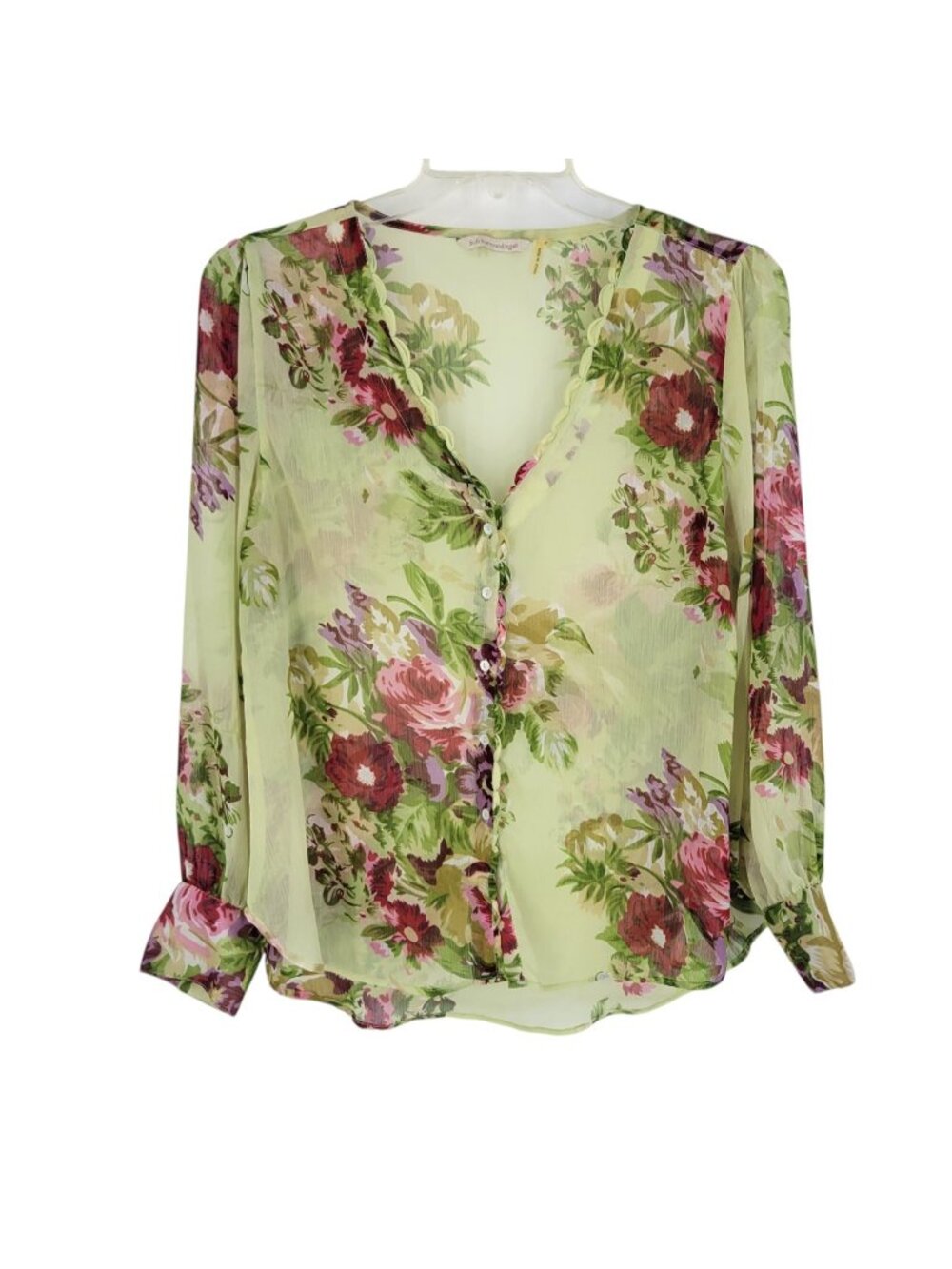 Soft Surroundings M Sheer Floral Blouse Green Chiffon Romantic Boho Cottagecore